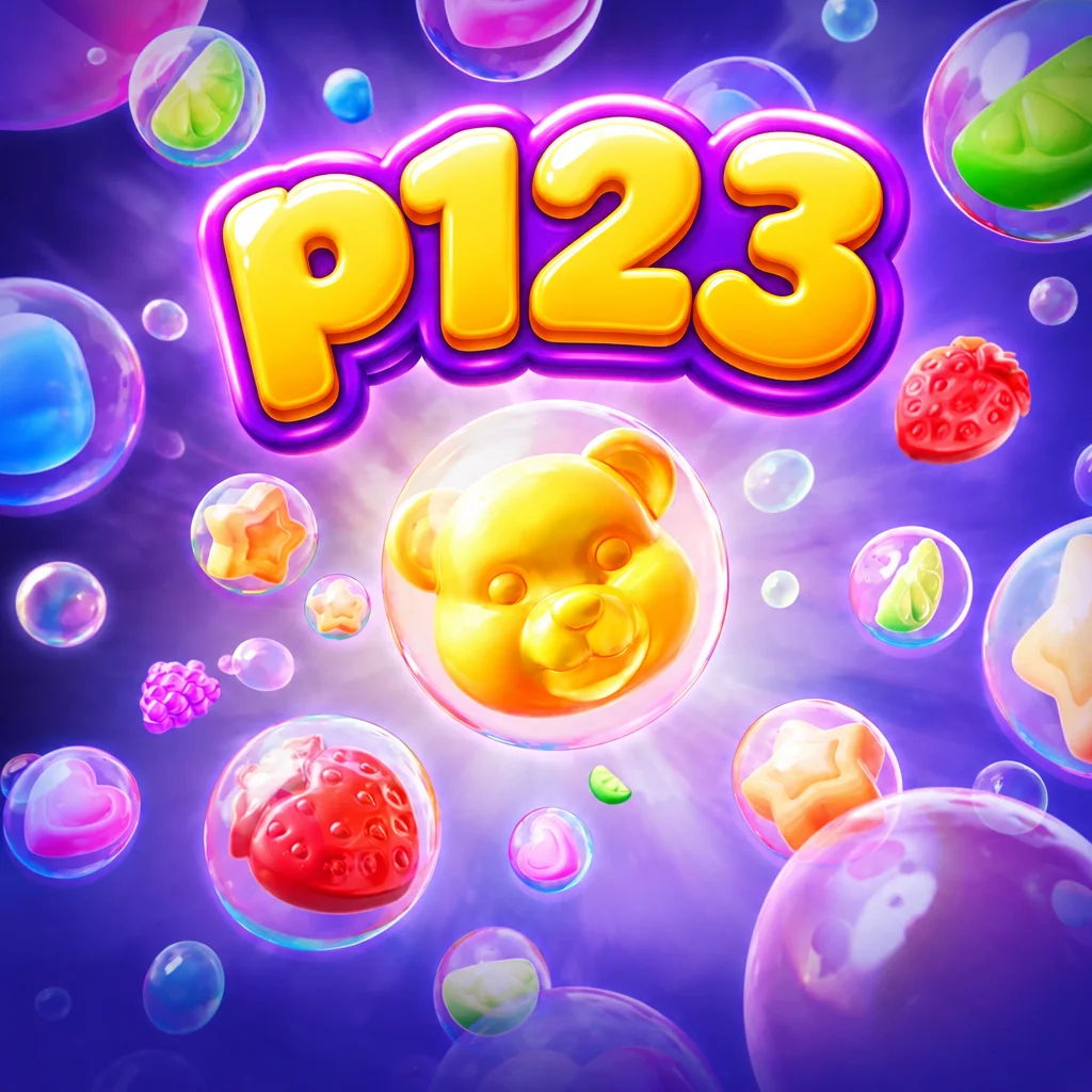 Logo p123 dengan ilustrasi aneka permen buah warna-warni pada Fruity Candy