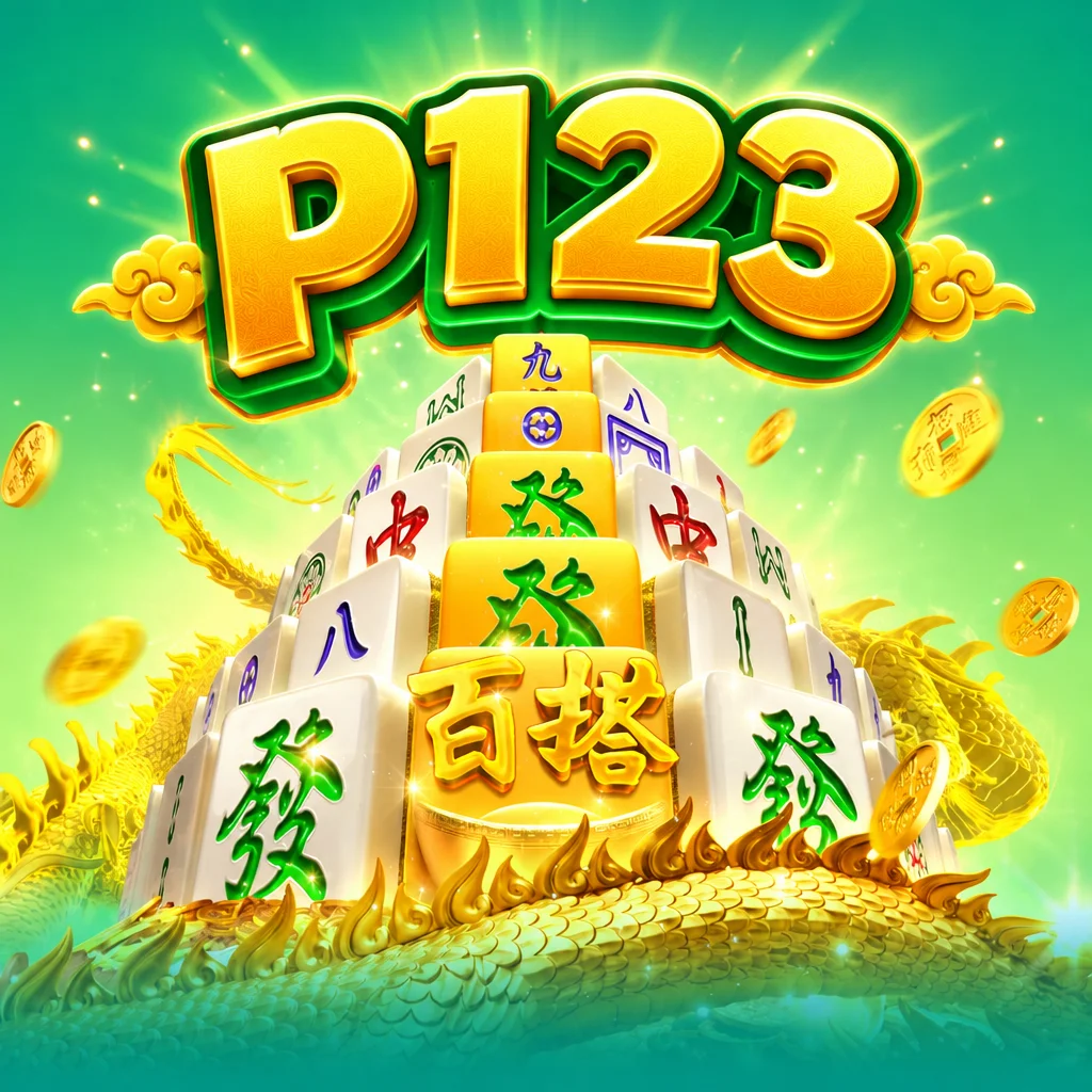 Logo p123 di atas susunan piramida ubin Mahjong Ways 2 berlatar naga emas
